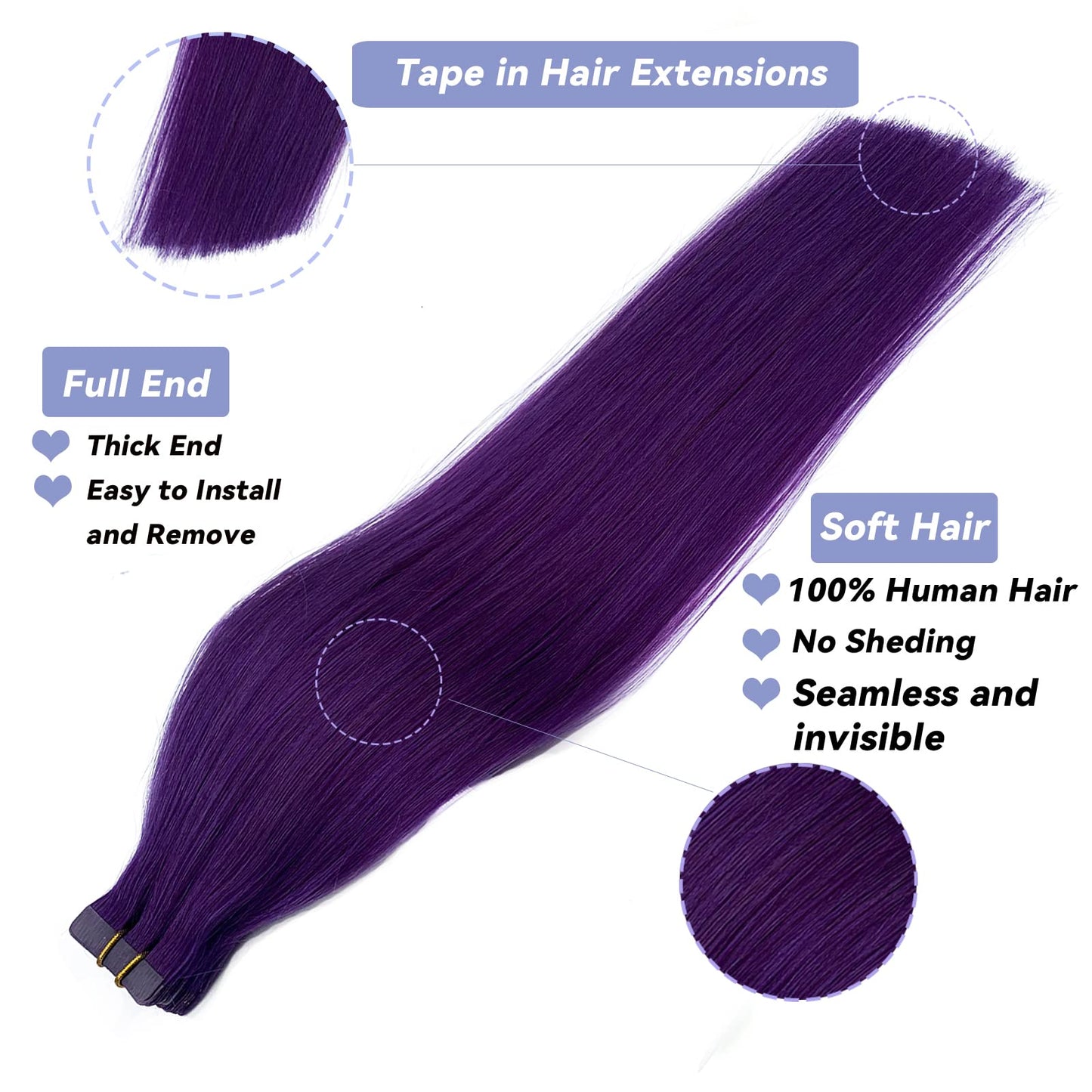 Purple Hair Extensions Tape in Human Hair Extensions 18Inch Soft Silky Straight Purple Remy Hair Extensions 40grams 20pcs Seamless Colored Extensions Tape ins