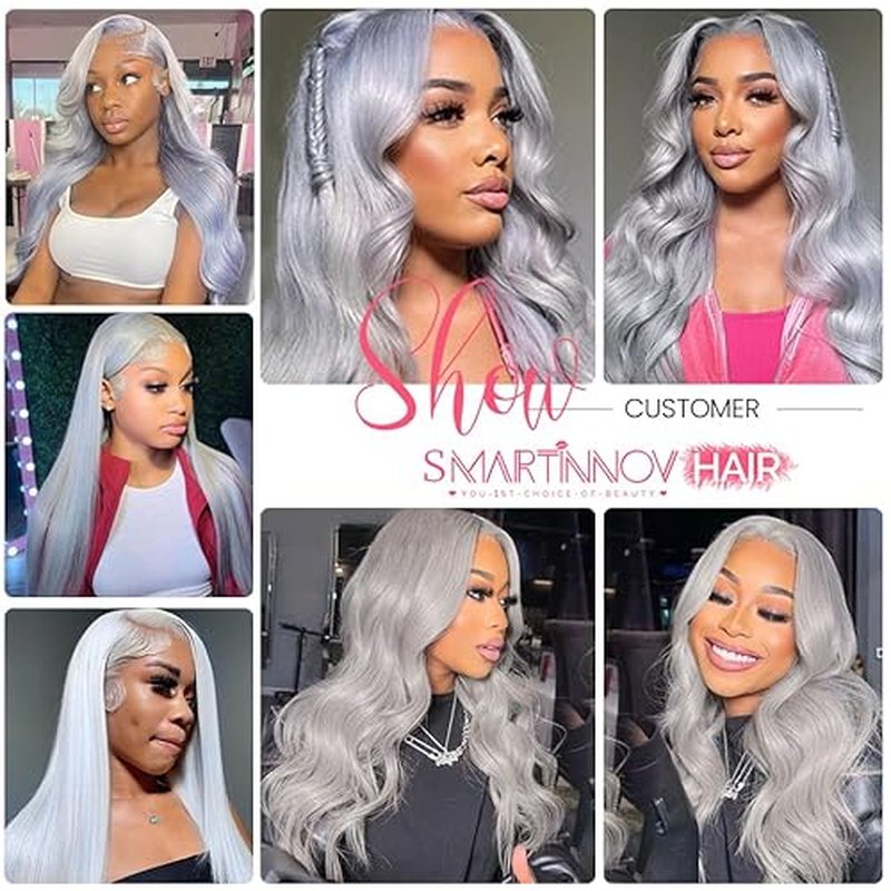 Smartinnov Silver Lace Front Wigs Human Hair 20 Inch for Women Platinum Grey Straight Real Hair Pre Plucked 150% Density 13¡¿4 HD Transparent Lace Frontal Wig Glueless Grey Lace Front Wigs for Women