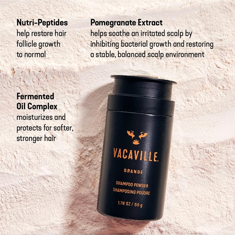 Vacaville Beauty Powder Shampoo for Hair Growth, Orange Scented | Waterless, Eco Friendly & Travel Shampoo | Natural Vegan Formula for Thinning Hair & Sensitive Scalp | Full Size