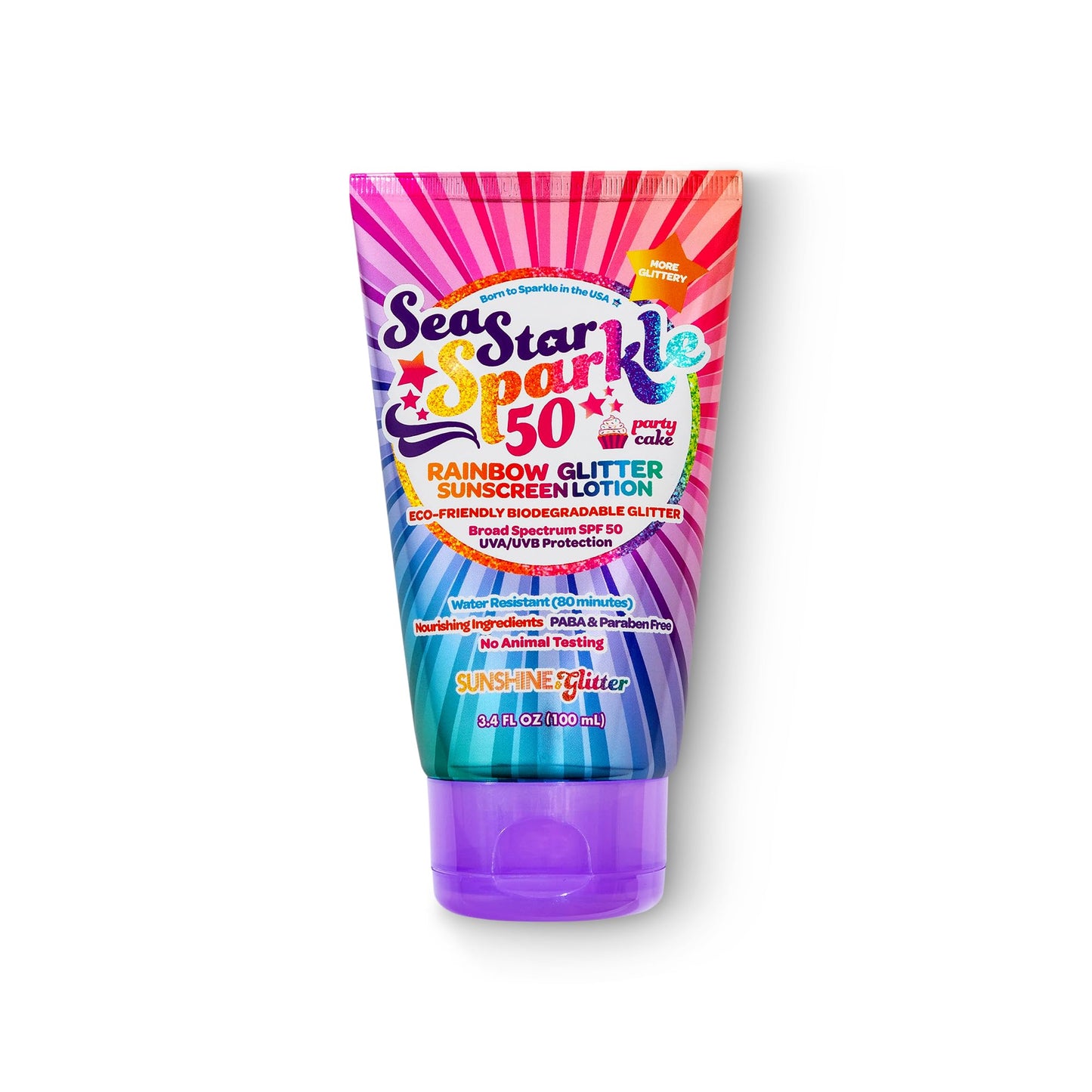 Sea Star Sparkle | Party Cake | Biodegradable Glitter Sunscreen SPF 50 for Kids | Rainbow | Broad Spectrum UVA/UVB | Water Resistant | Beach & Pool FUN SPF | Made in USA | Sunshine & Glitter