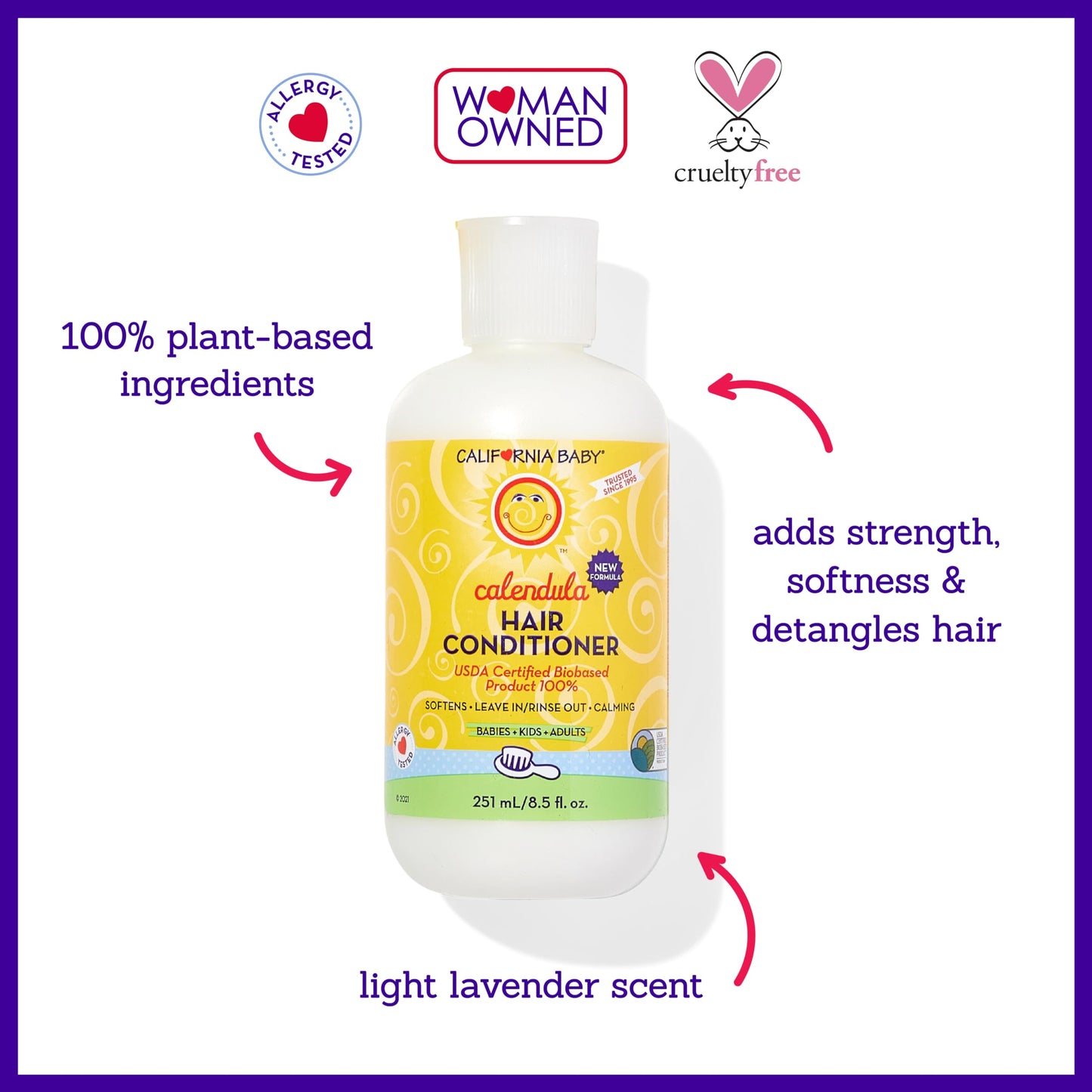 California Baby Calendula Hair Conditioner | 100% Plant-Based Kids Conditioner | Rinse-out or Leave in Conditioner | Lavender Scent | 251 mL / 8.5 oz