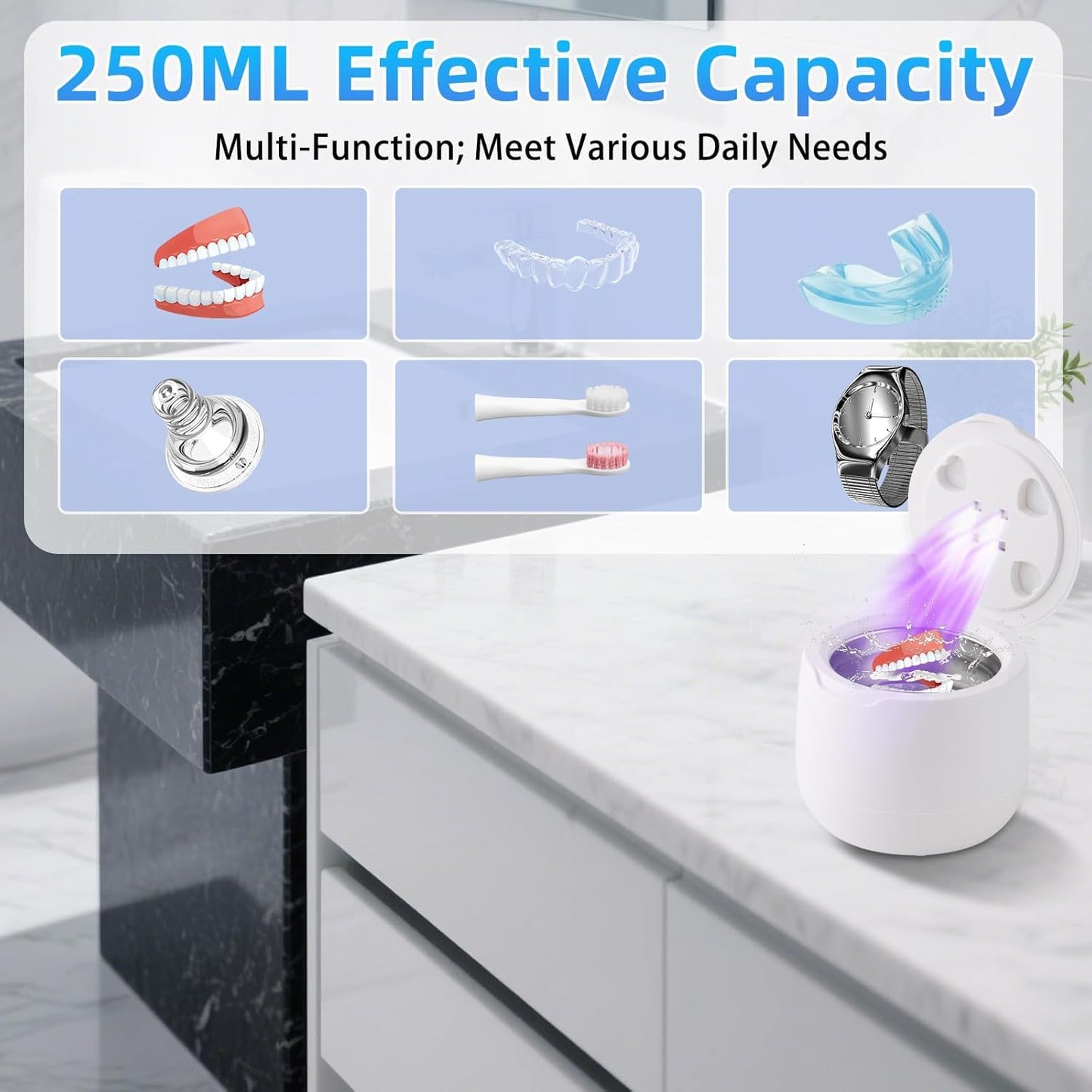 Ultrasonic Retainer Cleaner,250ML Large Capacity Dental Cleaning Pod for Dentures,Retainers,Braces,Mouth Guards,Toothbrush, Aligner