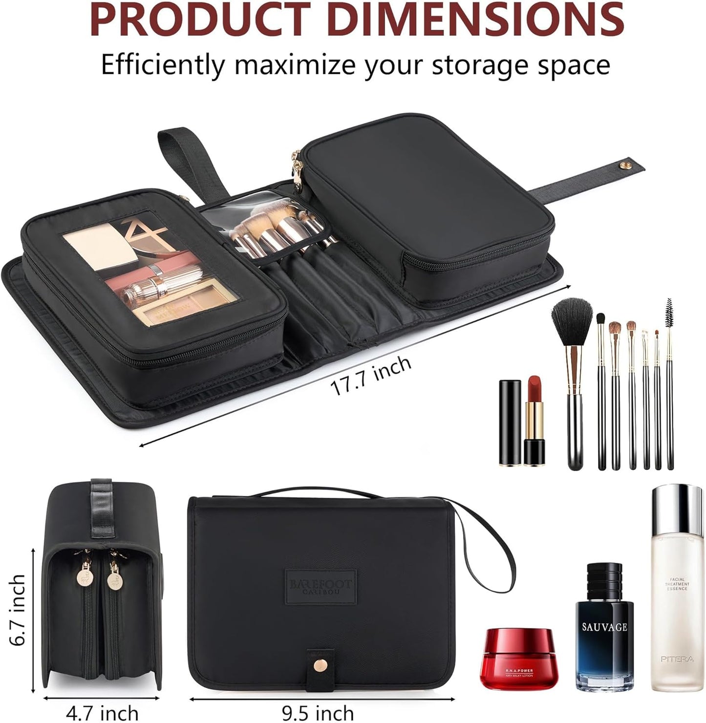 Travel Makeup Bag - Compact Portable Organizer for Cosmetics & Brushes | Large Capacity - Black