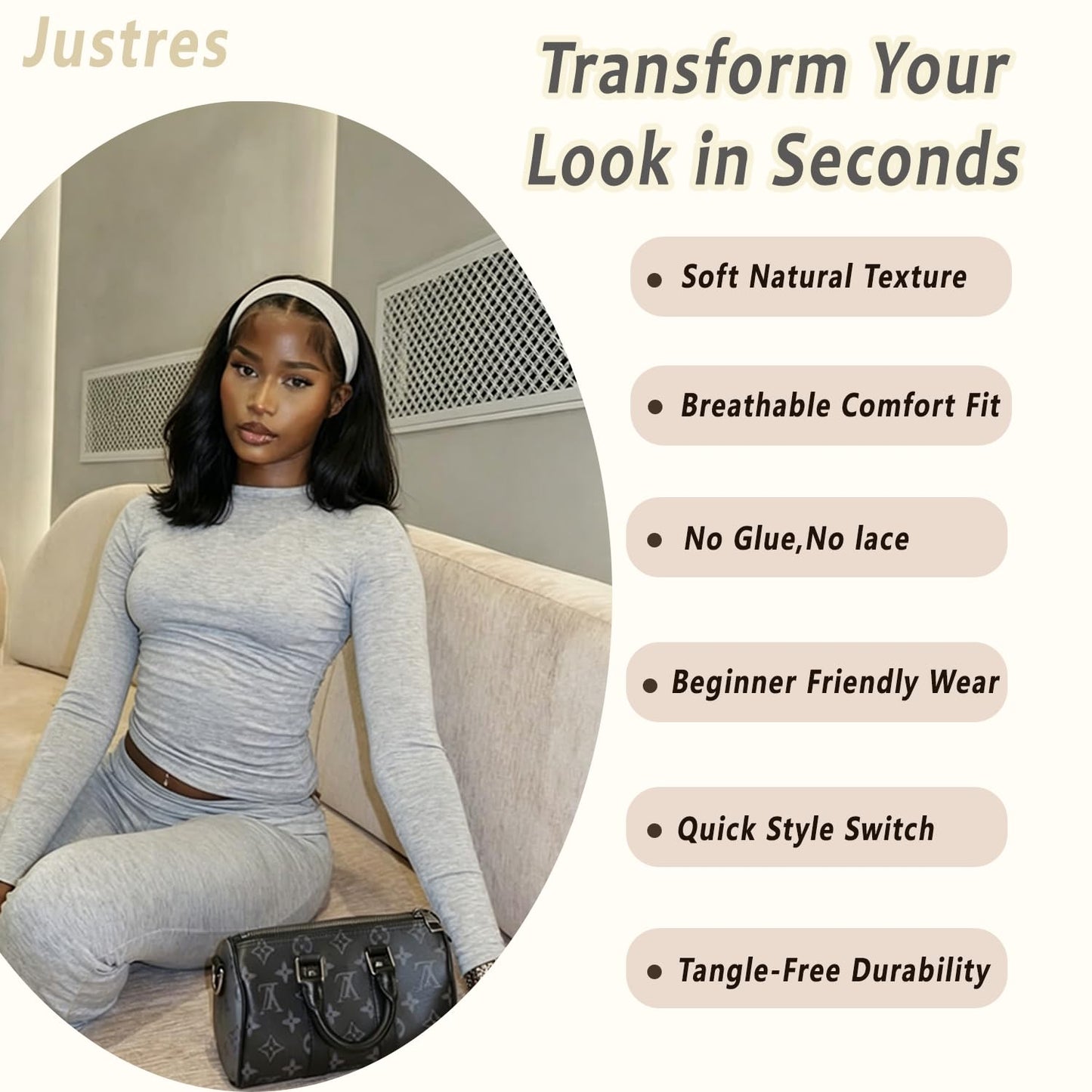 Justres Headbands Wig Human Hair Body Wave 99j