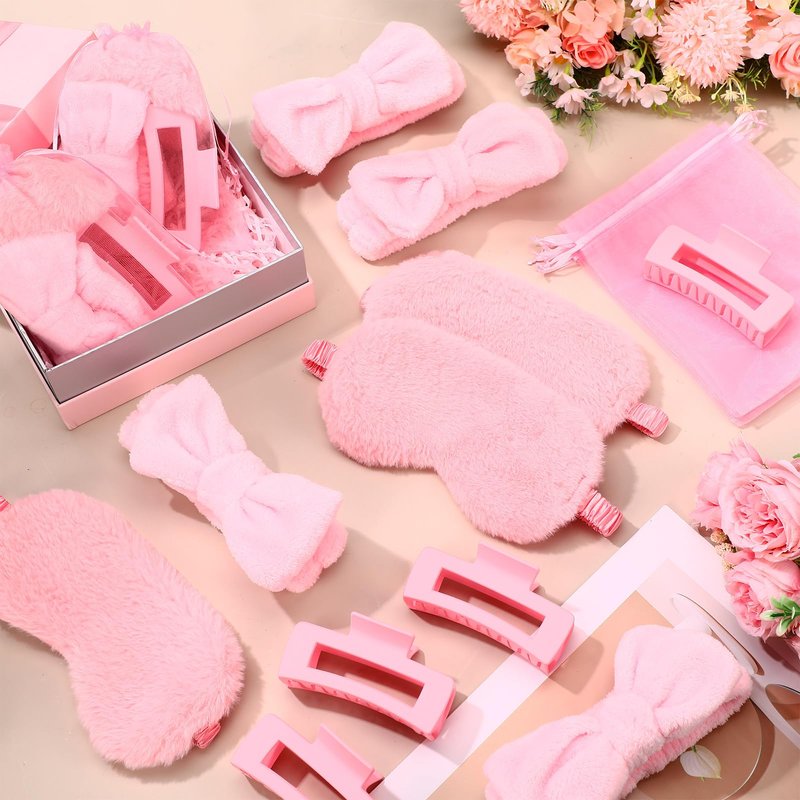 Wavyknot 48 Pcs Spa Party Supplies Sleepover Essentials Spa Headband Plush Eye Mask Claw Clips Organza Bag for Birthday Party Women Adult Slumber Supplies (Pink)