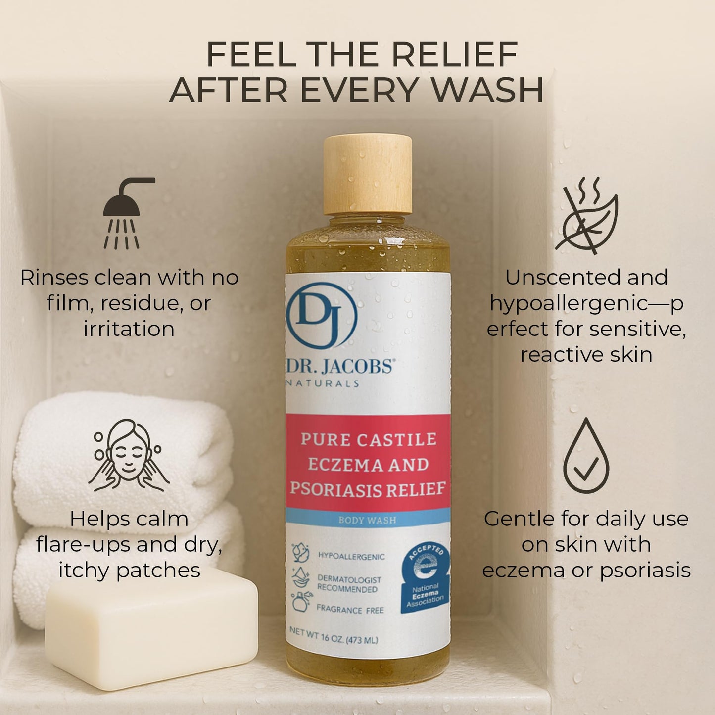 Dr. Jacobs Naturals Hypoallergenic Castile Soap, Dermatologist Tested Unscented Soap for Eczema & Psoriasis Relief - Sensitive Skin Body Wash Vegan & Gluten-Free Formula for All-Day Hydration 16oz-2PK