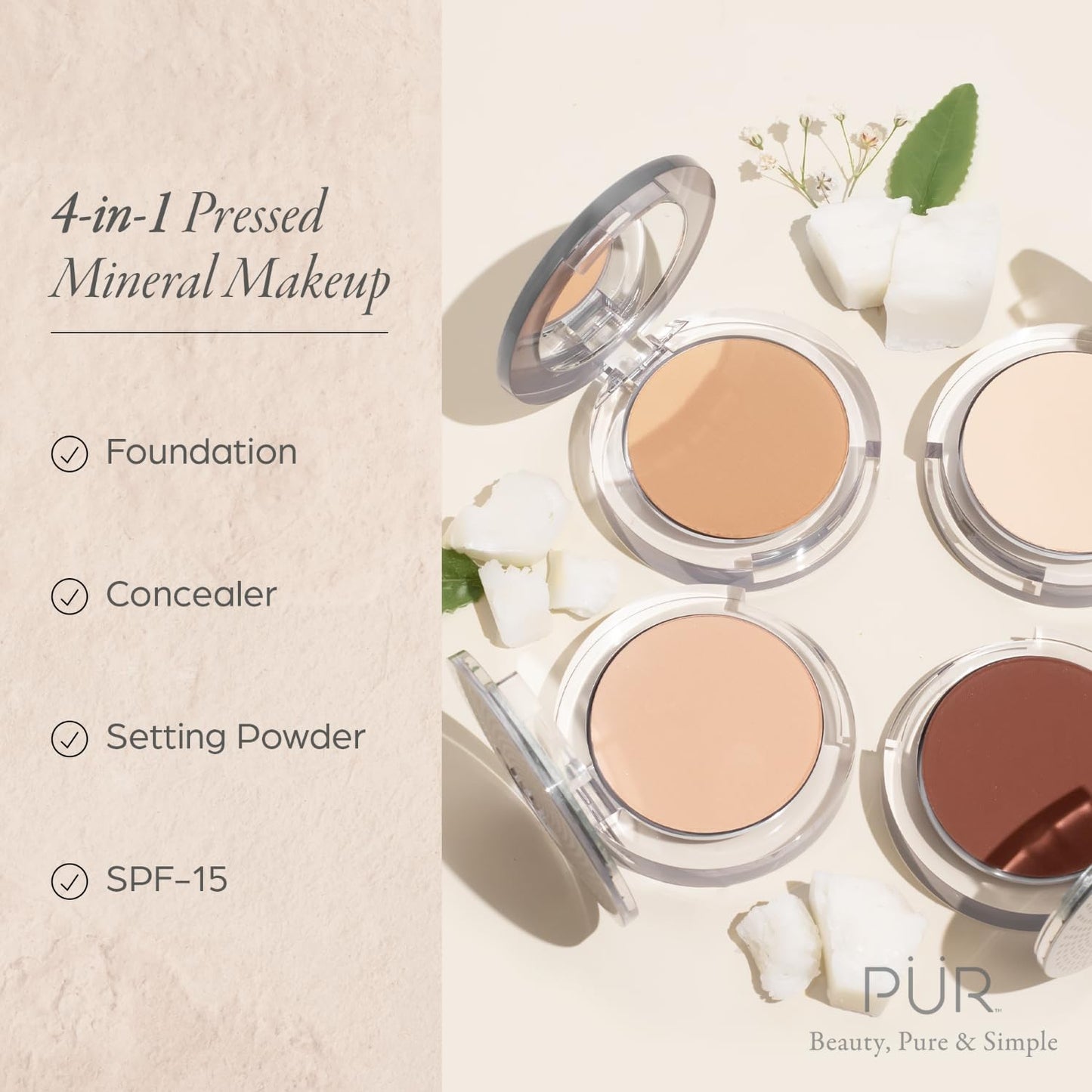 PUR Beauty 4-in-1 Pressed Mineral Makeup Powder Foundation with SPF 15 - Concealer & Finishing Compact Pressed Powder for Face - Buildable Medium to Full Coverage Foundation Powder (Tan)