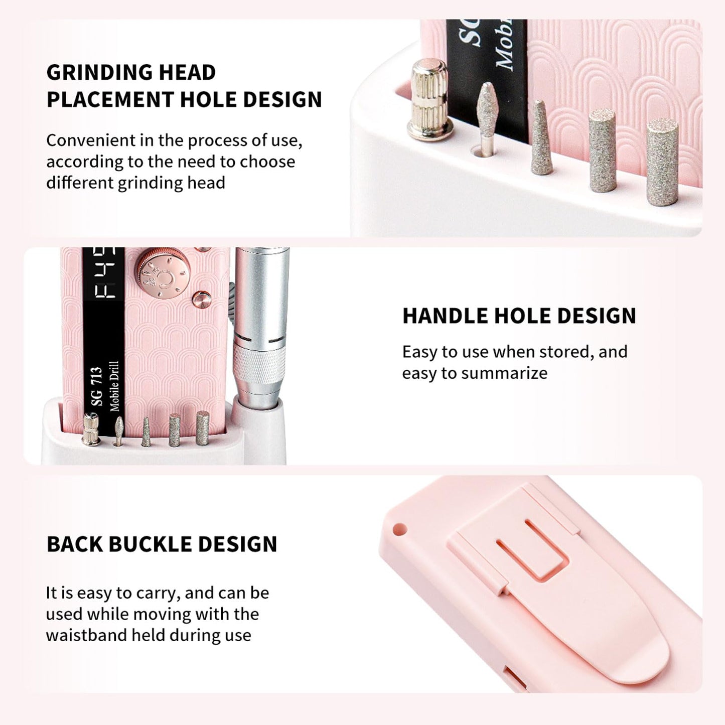 Professional Nail Drill Kit 45000RPM, Portable Electric Nail File with 13 Bits & 56pcs Sanding Bands,LED Screen,Ultra-Silent, Rechargeable Nail Drills Machine for Acrylic Nails Gel Polishing (Pink)