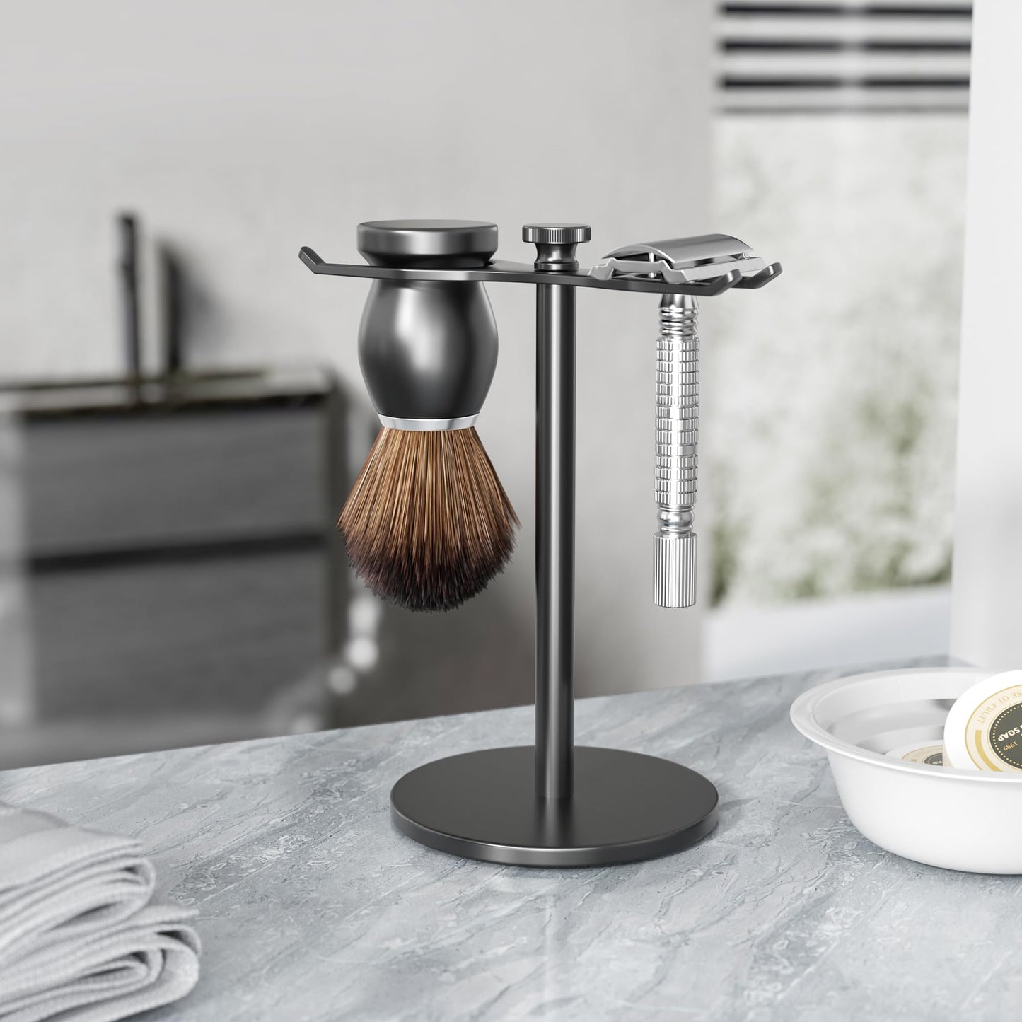 pickpiff Safety Razor Stand With Brush Holder, Black Heavy Duty Metal Shaving Holder for Men, Extra Wide Openings, Fits Most Brushes and All Kinds Of Razors