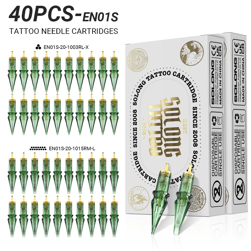 Wireless Tattoo Gun,Solong Tattoo Gun Wireless Complete Tattoo Kit with 40pcs EN01S Tattoo Cartridge Needles EM128EN01S-1-FBA-SL