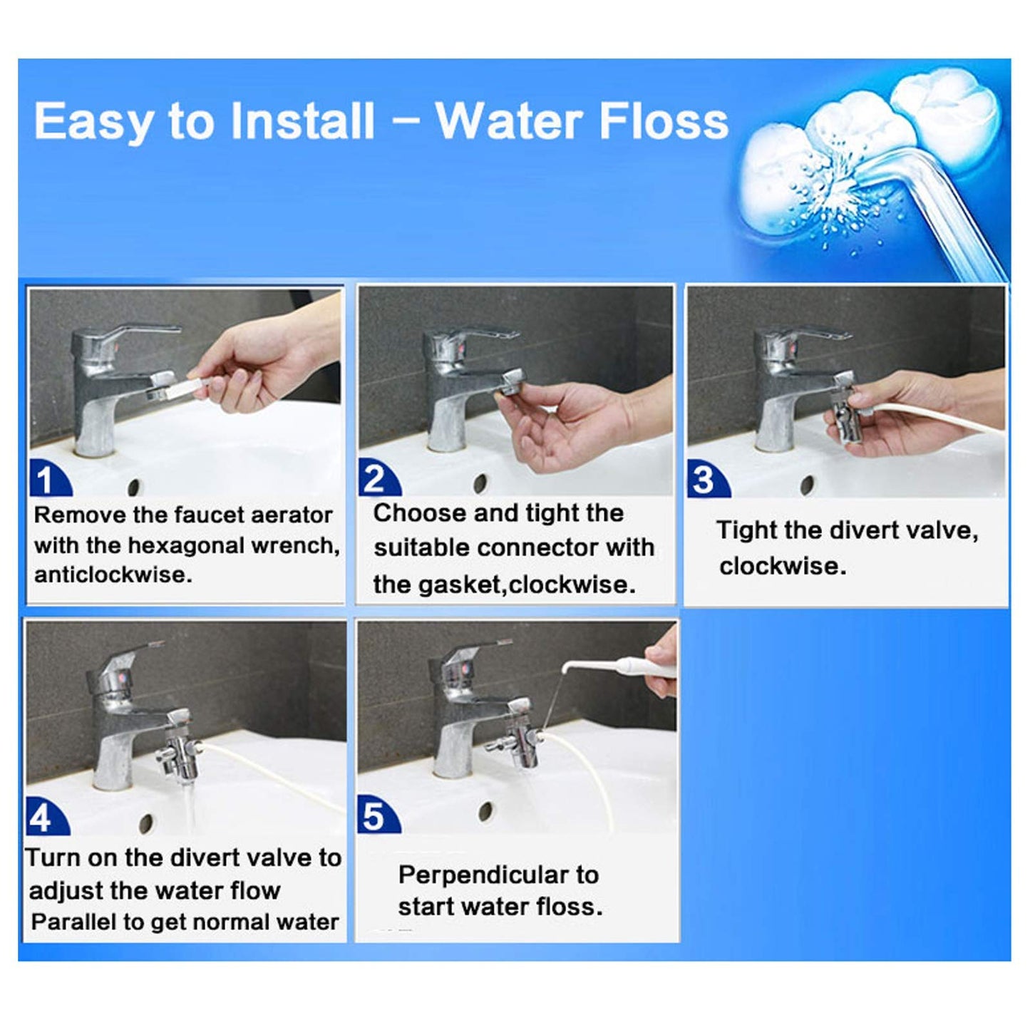 Water Flosser for Family Use 3 Jet Tips & 3 Toothbrush for Faucet & Shower, Oral Irrigator Non-Electric Safety , Dental Oral Care Tooth Cleaning