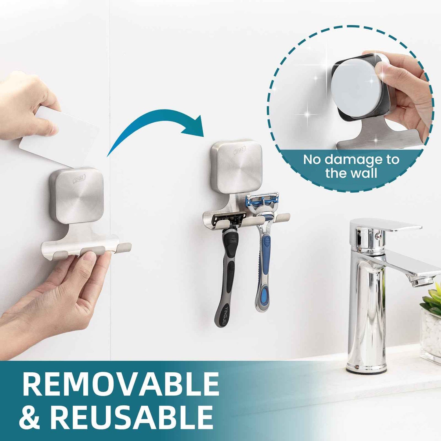 TAILI Powerful Suction Cup Razor Holder 2 Pack, Stylish 304 Stainless Steel Bathroom Suction Hooks for Towel, Loofah, Bathrobe, Shaver Holder for Shower Wall, Easy to Install and Reuse, Silver