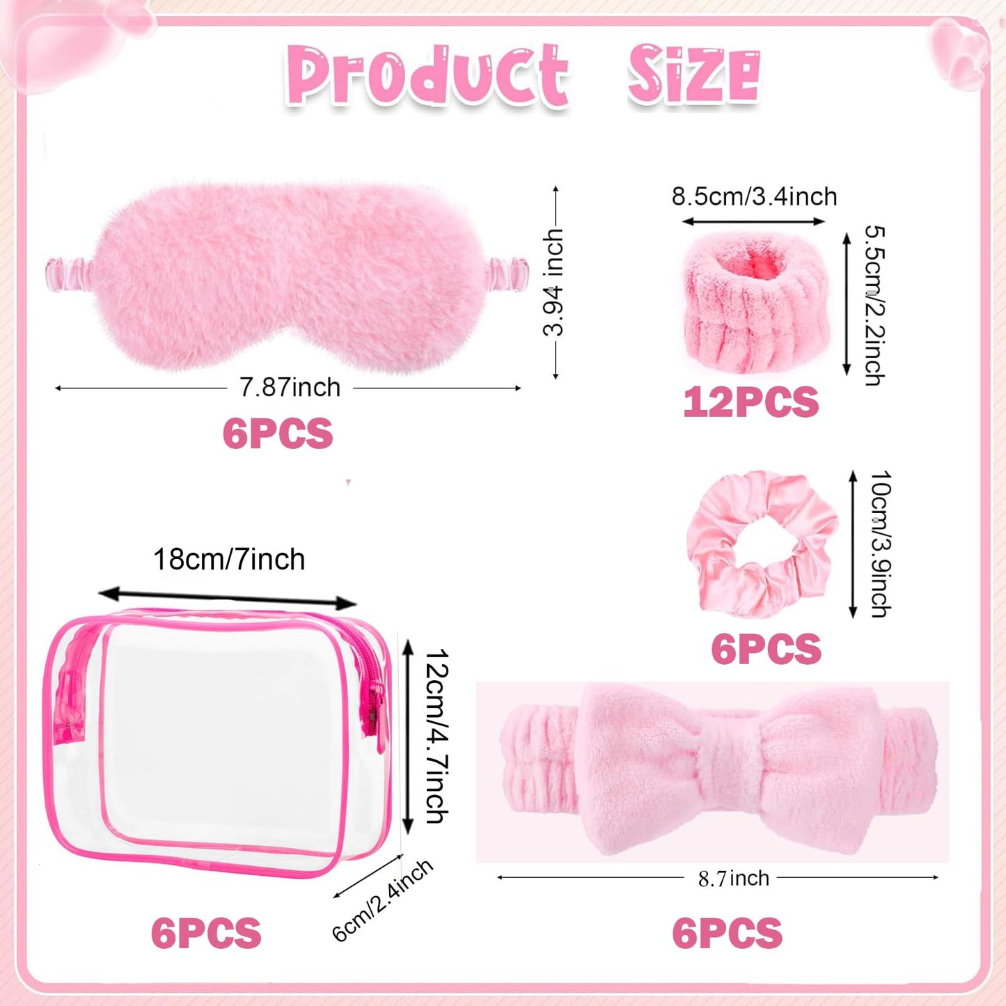 LEFIMOT 36 Pcs Sleepover Party Supplies 12 Pink Spa Headband 6 Pink Plush Sleep Eye Mask 6 Velvet Scrunchies 6 Wristband 6 Clear Cosmetic Bags for Women Slumber Spa Party Favor Gift Skincare Makeup