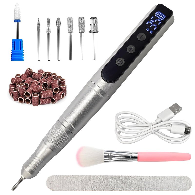 Cordless Nail Drill Set, Rechargeable & Adjustable Speeds Nail Drill Machine, Portable Nail File for Acrylic Gel Dip Powder Nails, Manicure Pedicure Tools Polishing Set for Beginner Silver