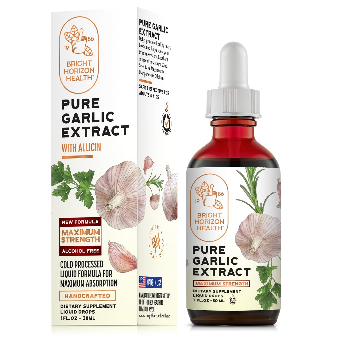 BRIGHT HORIZON HEALTH Pure Garlic Extract – Allicin Supplement – Immune Support. Alcohol-Free Formula, Vegan, Raw, Superfood – Liquid Garlic Oil Drops - 1 fl.oz