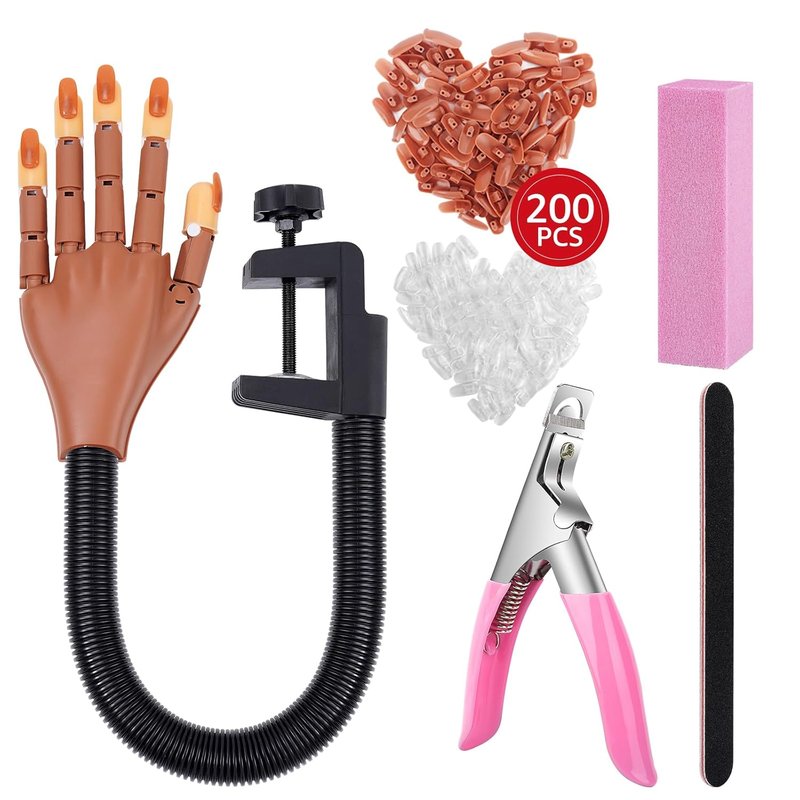 Acrylic Nail Practice Hand - Flexible Mannequin for Nail Art | 200 Pcs Fake Nail Tips Included