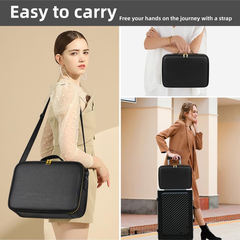 saiggnyy 15“×11“Professional Makeup Train Case,Large Waterproof Travel Makeup bag with Mirror and Light, Leather Black Make up Bag with Mirror and Light,Led Makeup Case with Adjustable Dividers
