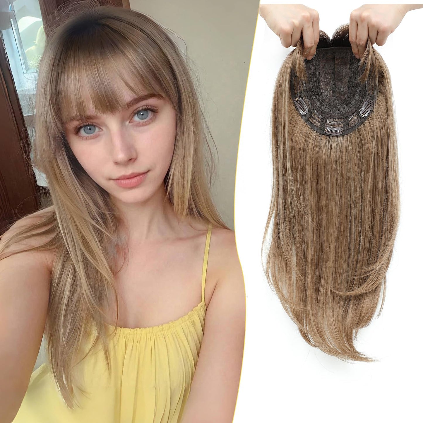 PANEWAY Hair Topper With Bangs Straight 18inch Toppers 6.5“ ×6.5” Base Premium Synthetic Hair Pieces For Women-Light Brown with Dark Root