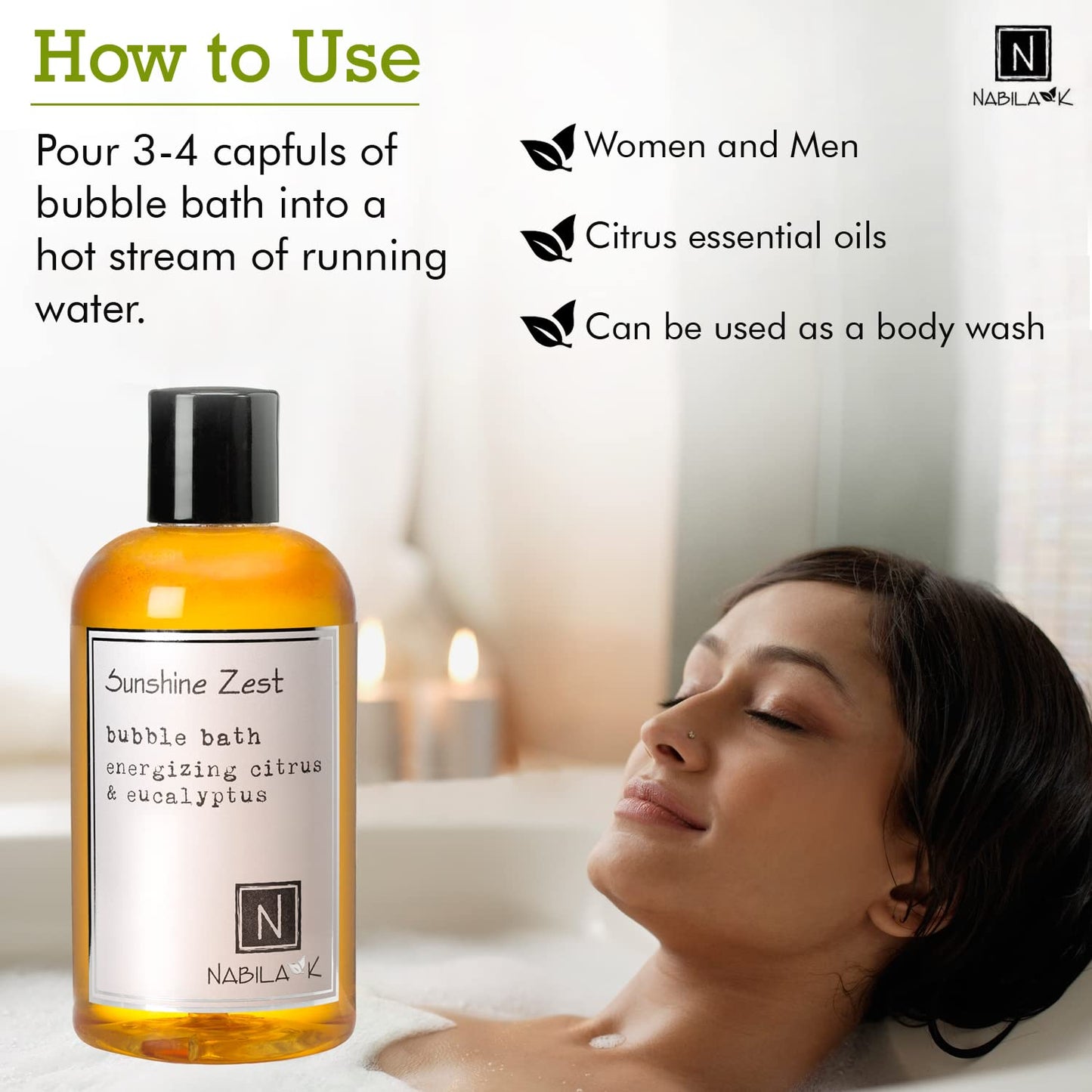 Nabila K Sunshine Zest Bubble Bath with Citrus & Eucalyptus | Natural & Organic, Sulfate-Free, Tear-Free | Luxury Aromatherapy Bath Soak for Sensitive Skin | for Women & Men, 8 oz