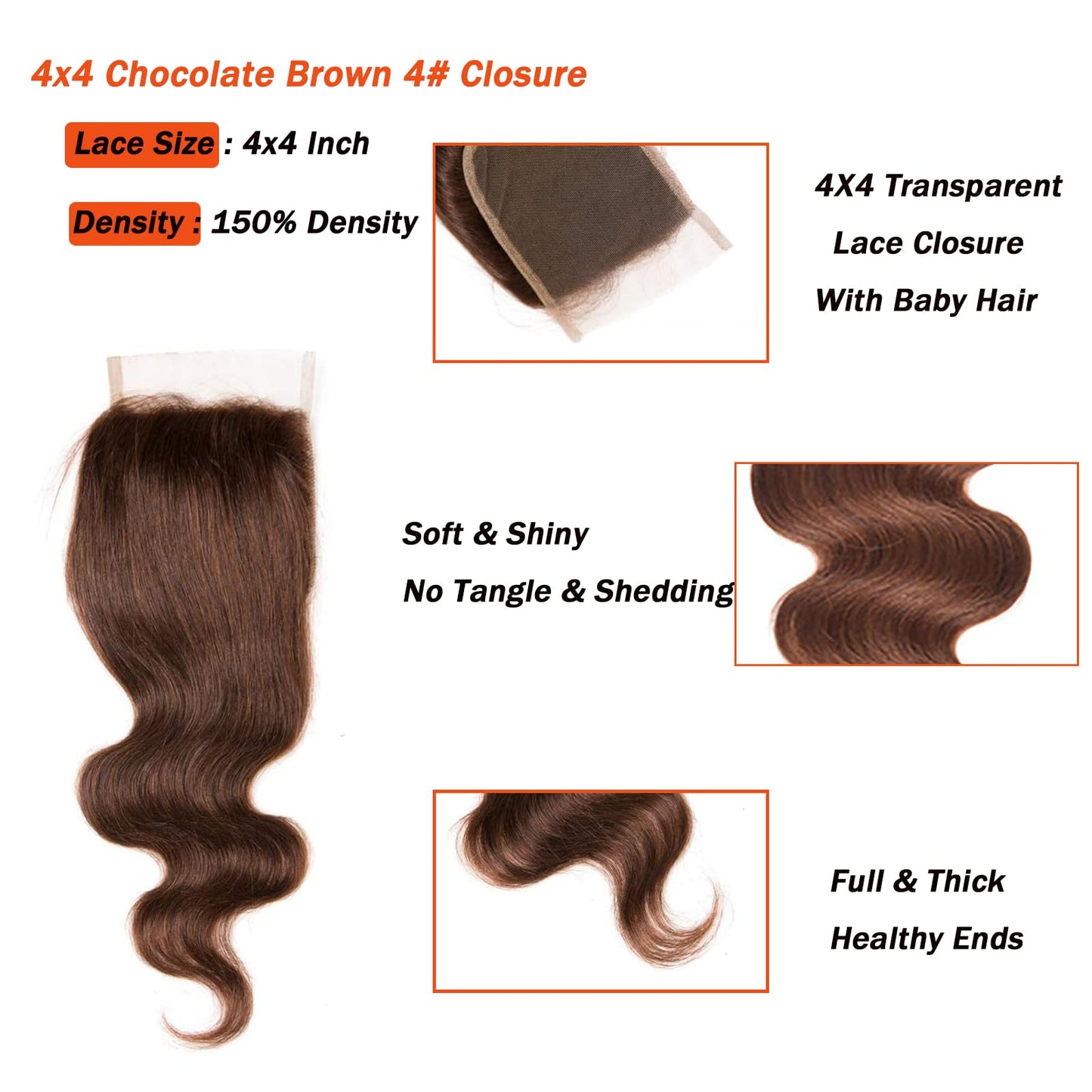 Chocolate Brown 4# Closure 4x4 Free Part Body Wave Closure Brazilian Human Hair Extensions Preplucked Bleached Knots Sew In Weave Virgin Hair Lace Front Closure For Women Wet And Wavy 20 Inch