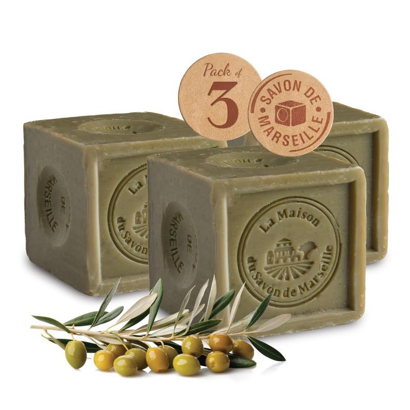 Authentic Savon de Marseille Soap – French Milled Bar Soap with Saponified Olive Oil – Fragrance-Free, 100% Natural Ingredients – For Body, Face, Hands & Home – Cleanser Made in France - 3x10.6 oz
