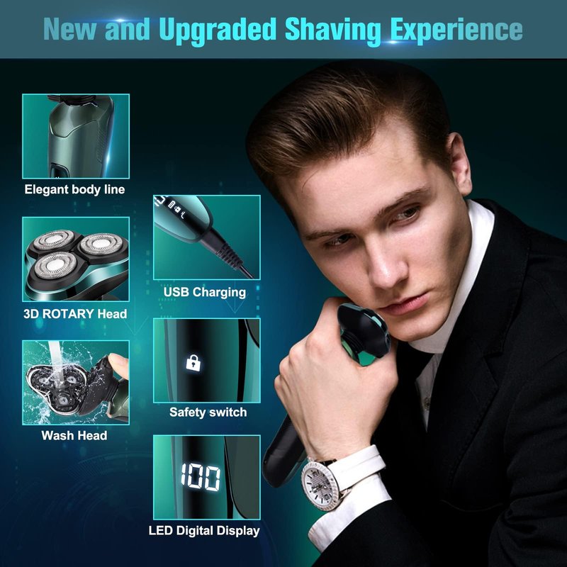 Tuyaguard Electric Razor for Men, Cordless Rechargeable 3D Rotary Shaver with LED Display, Wet/Dry Waterproof Men’s Shaving Kit with Pop-Up Trimmer, Ideal Razor Gift for Husband, Dad, Boyfriend