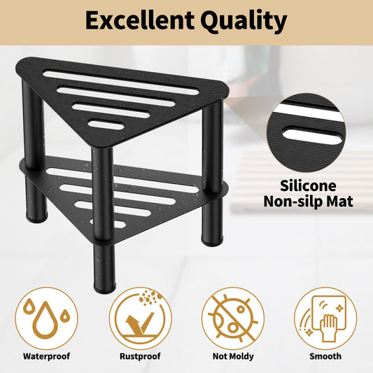 WINSTECK Upgraded Rust-Proof Metal Corner Shower Foot Stool for Shaving Legs, Shower Foot Rest Bench for Inside Shower with Storage Shelf, Small Step Stools, Non-Slip Bath Stool (Black)
