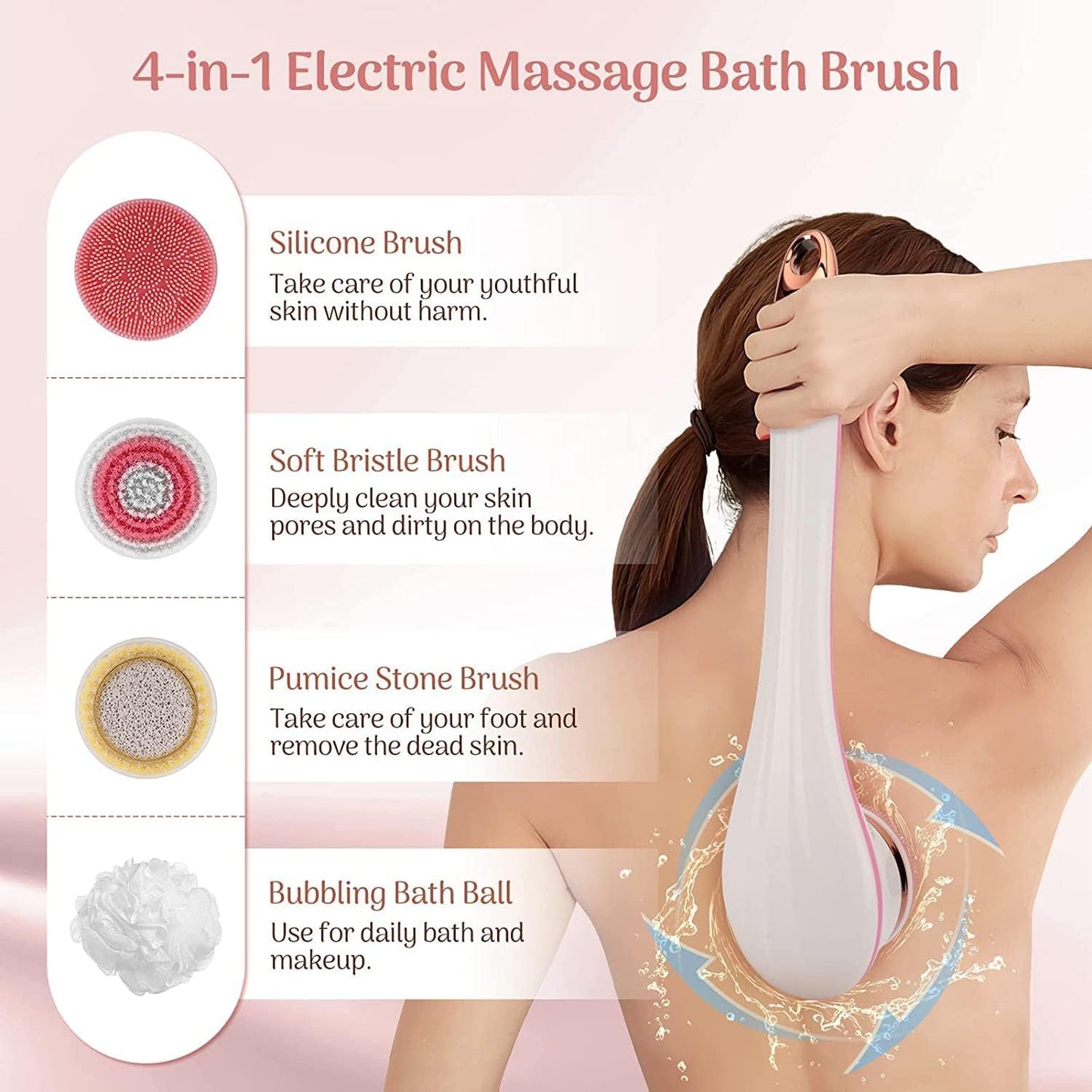 Body Brush Rechargeable, Electric Body Brush Set, Scrubber Shower Brush with Long Handle, Spin Skin Brush with 6 Brush Heads for Cleanse, Massage, exfoliate and Pamper Your Skin in The Shower (Pink)
