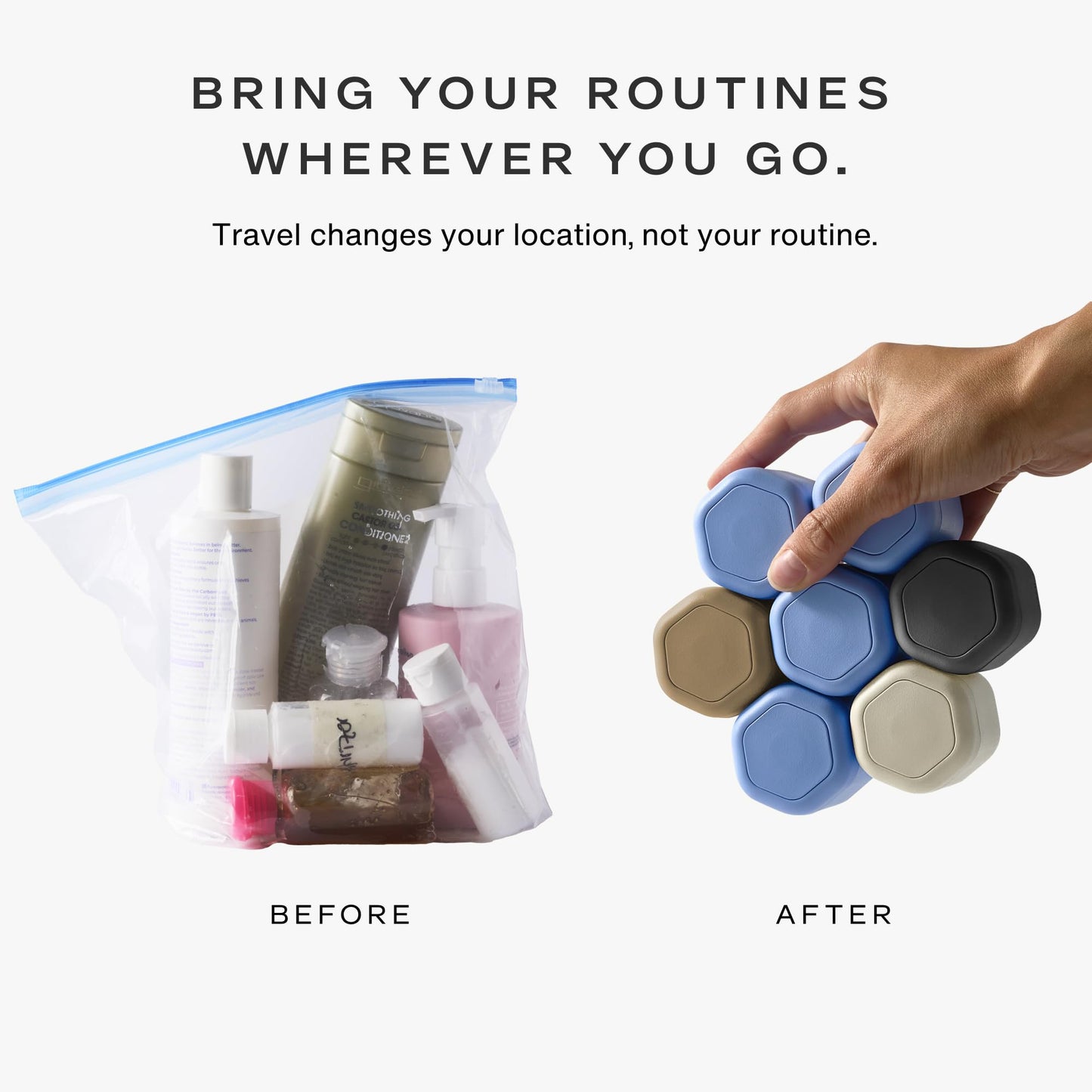 Cadence Travel Containers - 2 Piece Haircare Set - Magnetic Travel Capsules - For Shampoo, Conditioner, Hair Styling Product - 1 Small & 1 Medium Capsule - Shampoo & Conditioner Labels - Sand