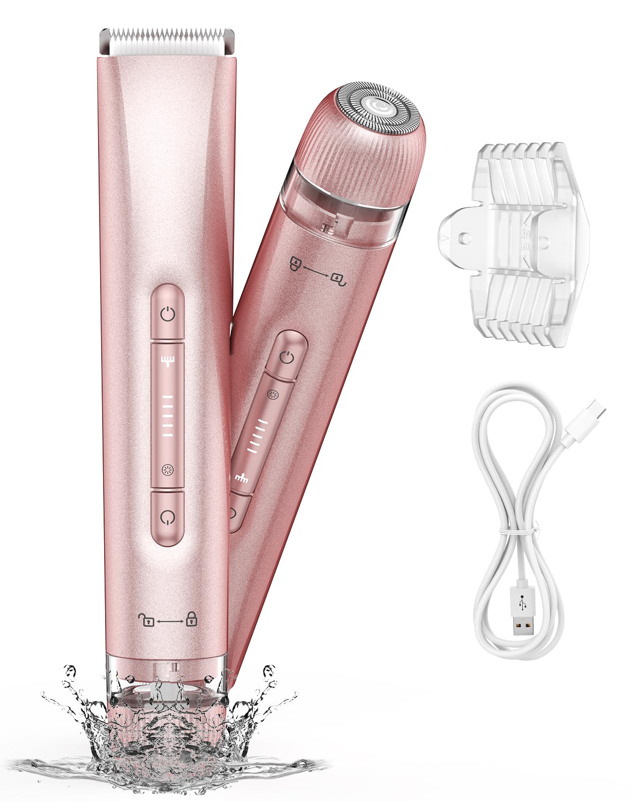 Bikini Trimmer for Women,Bikini Razor for Women Pubic Hair, 2 in 1 Wet & Dry Use Groomer,Painless Body Hair Trimmer for Face Legs Underarm Electric Shavers Razors Rechargable IPX7 Waterproof (Pink)
