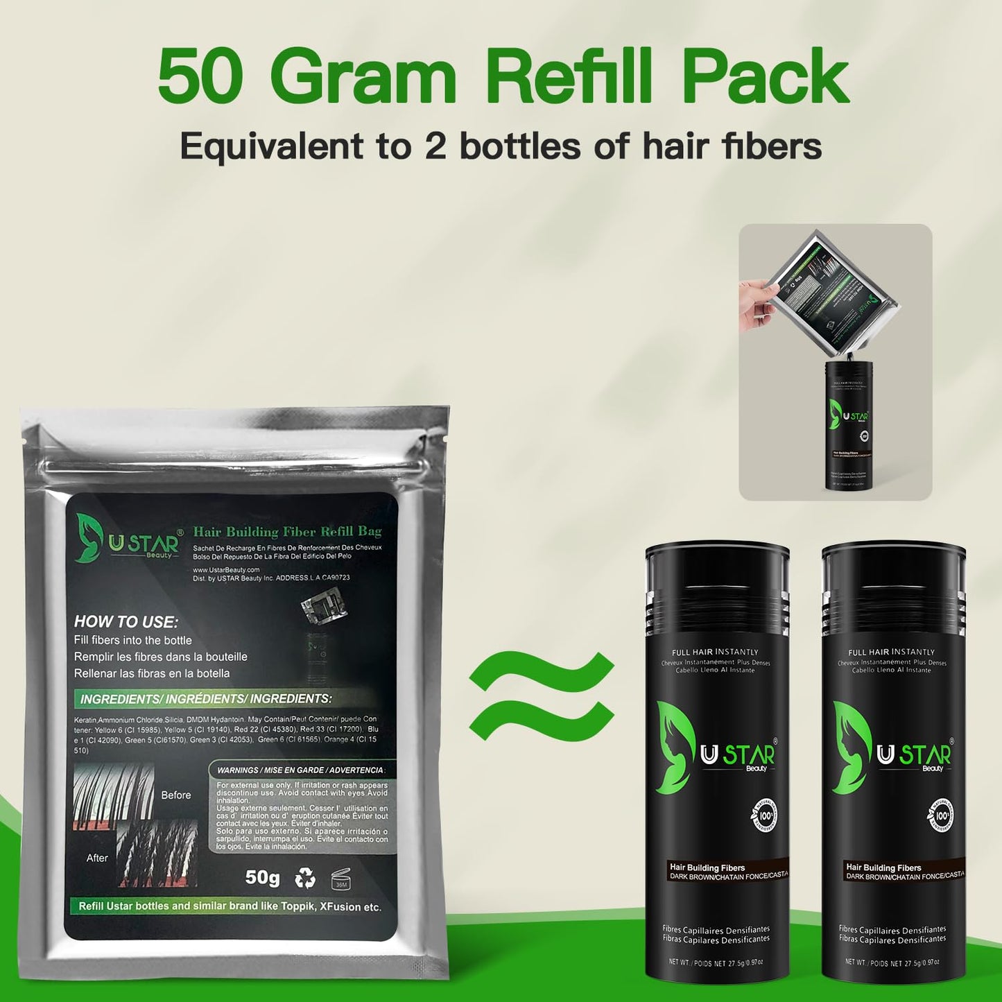 Hair Building Fibers 77.5g, USTAR 5 in 1 Hair Fibers for Thinning Hair with Holding Spray for Instantly Thicker, Fuller Look, Styling Hair Powder for Men & Women (Dark Brown)