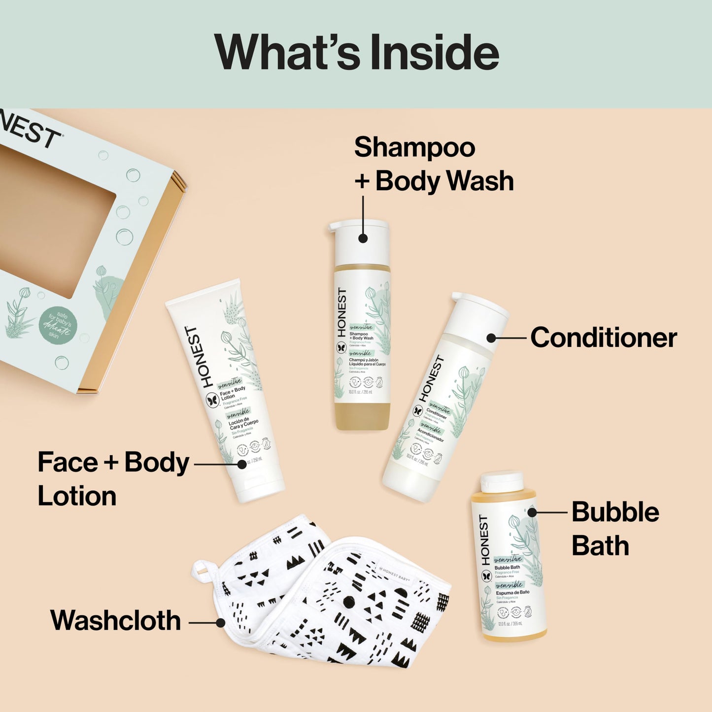 The Honest Company Fragrance-Free Bathtime Gift Set, Hypoallergenic, Bath Essentials for Sensitive Skin, Shampoo and Body Wash, Face Lotion, Bubble Bath, Conditioner, Wash Cloth