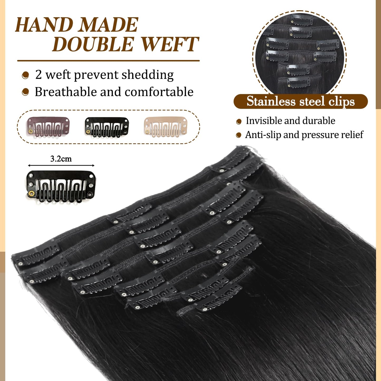 Clip in Hair Extensions Real Human Hair, 16 inch 90g, Balayage Invisible Remy Human hair Clip in Extensions for Women Seamless Straight 8Pcs Double Weft Natural Black