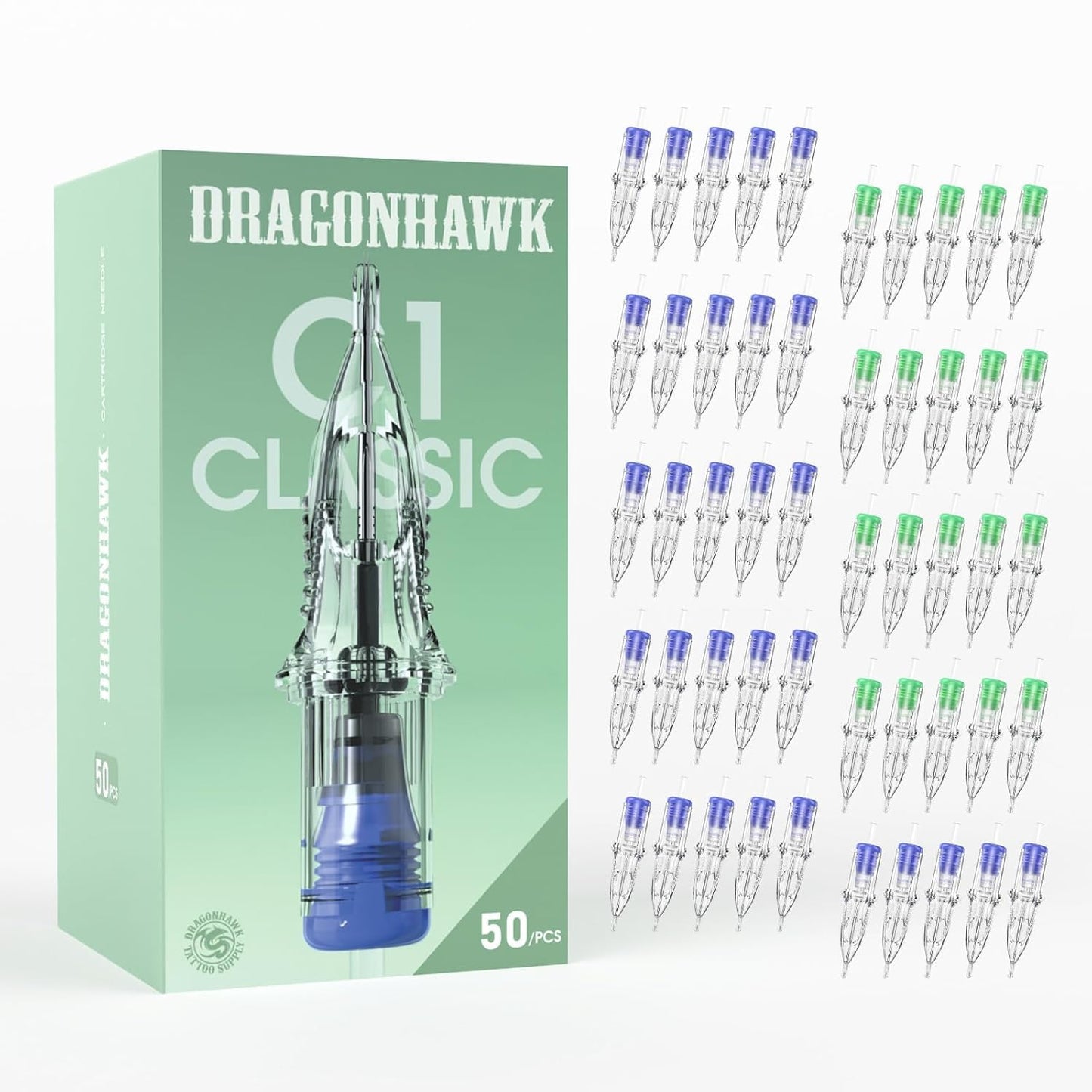 Dragonhawk Extreme 50Pcs Tattoo Needle Cartridges - Assorted Mixed Sizes 1003RL 1005RL 1007RL 1205RS 1207RS for Fine Line, Dotwork, Soft Shading Tattoos - Compatible with Most Rotary Tattoo Machines