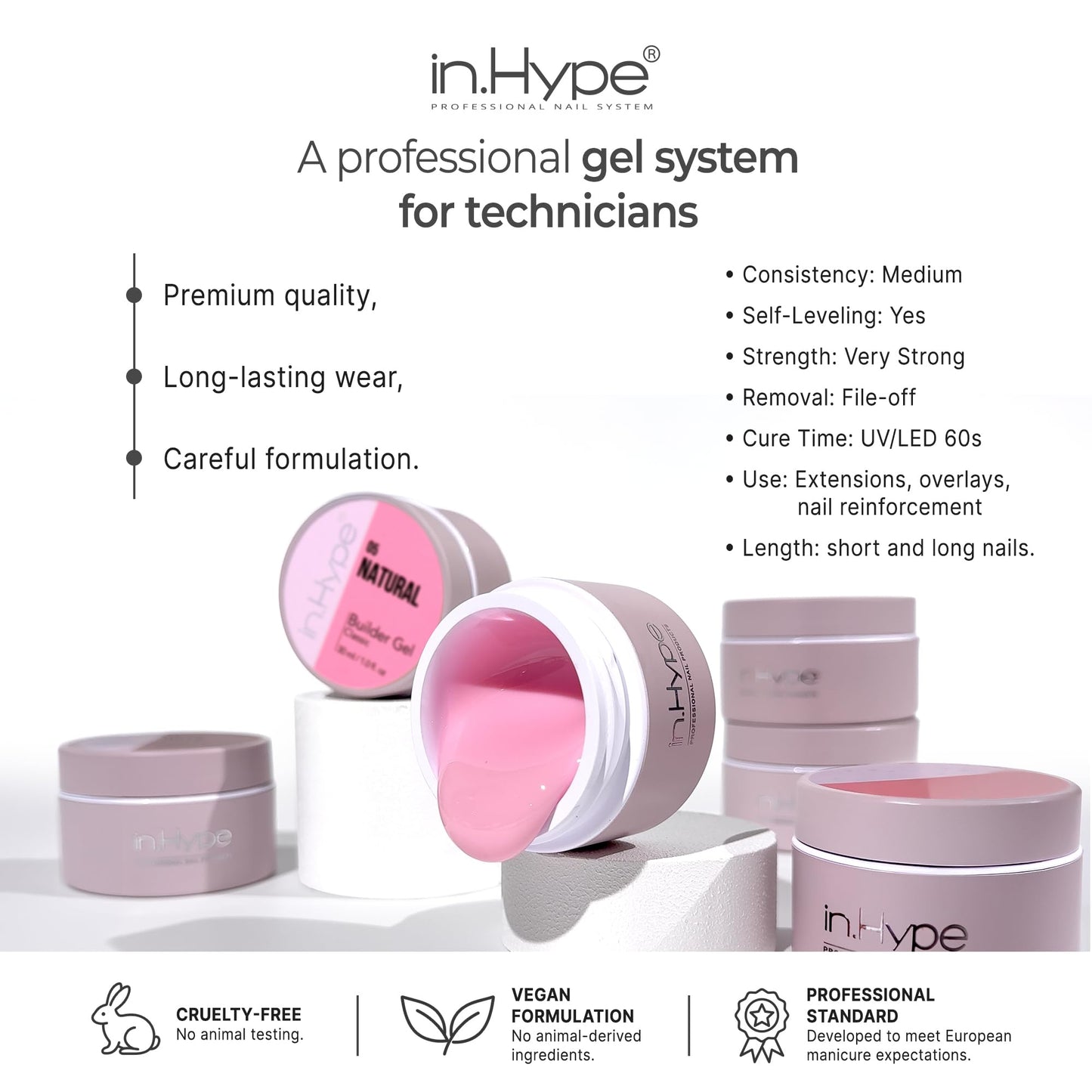 IN.HYPE UV/LED Professional Hard/Builder Gel for Nail Extension/Strengthening/Overlays File Off (Milky #1)