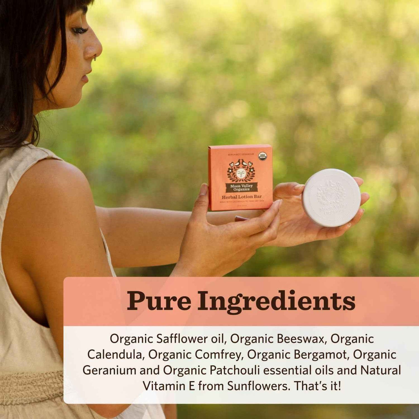 Moon Valley Organics Herbal Lotion Bar in Bergamot Geranium, Moon Melt Bar, Calendula and Comfrey, Beeswax, Heal and Restore Chapped Skin, Soothing