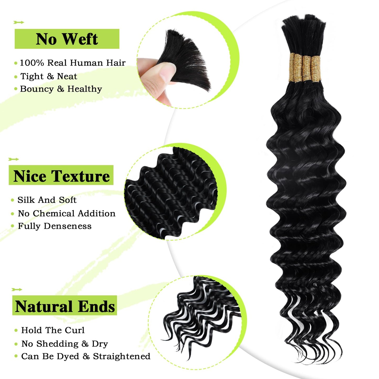 Human Braiding Hair 12A Deep Water Wave Bulk Human Hair 75g 18 Inch No Weft 10 Braids Per Pack Wet and Wavy Braiding Natural Black