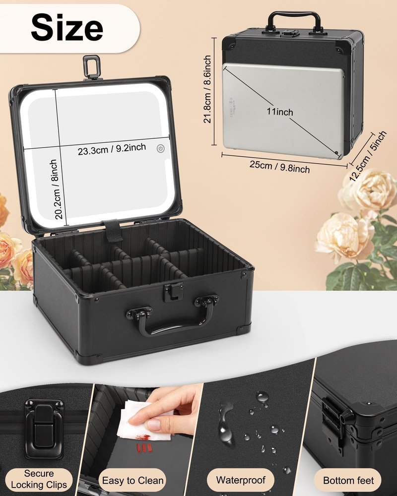 Makeup Case with Lighted Mirror, Travel Makeup Box with LED Mirror Makeup Organizer Bag Portable Cosmetic Train Case Makeup Artist Storage Bags with Adjustable Dividers Gifts for Women and Girls