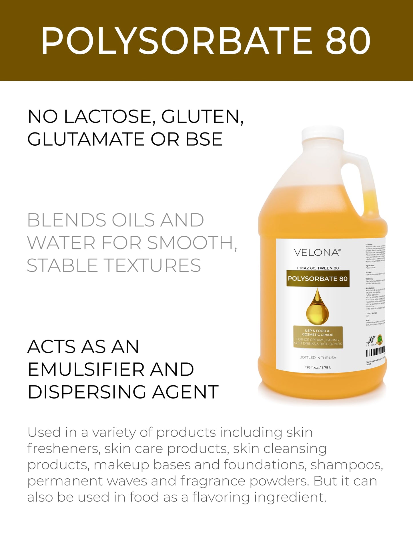 Polysorbate 80 by Velona - 64 Fl Oz | Solubilizer, Food & Cosmetic Grade | All Natural for Cooking, Skin Care and Bath Bombs, Sprays, Foam Maker | Use Today - Enjoy Results