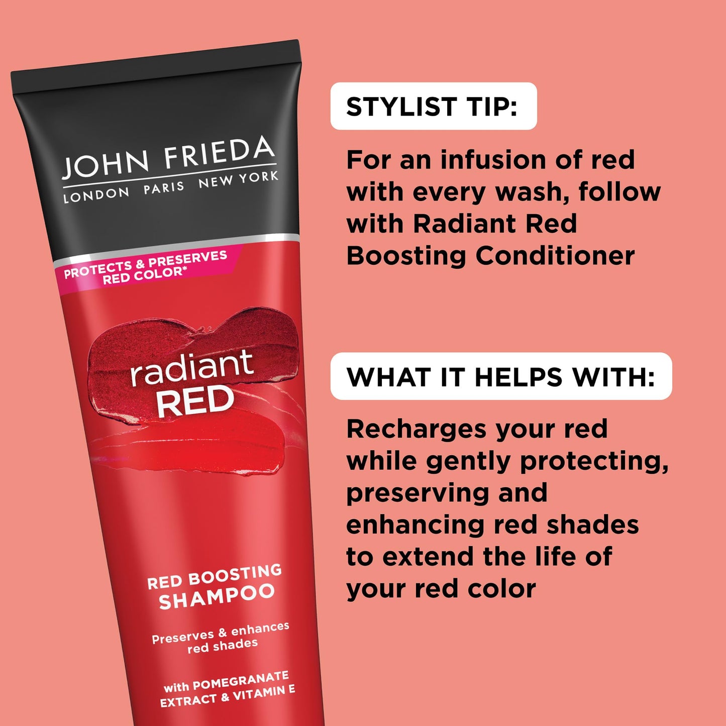 John Frieda Radiant Red, Red Boosting Shampoo, Enhances and Protects Red Tones with Pomegranate Extract and Vitamin E for Natural or Color-Treated Red Hair, 8.3 Oz