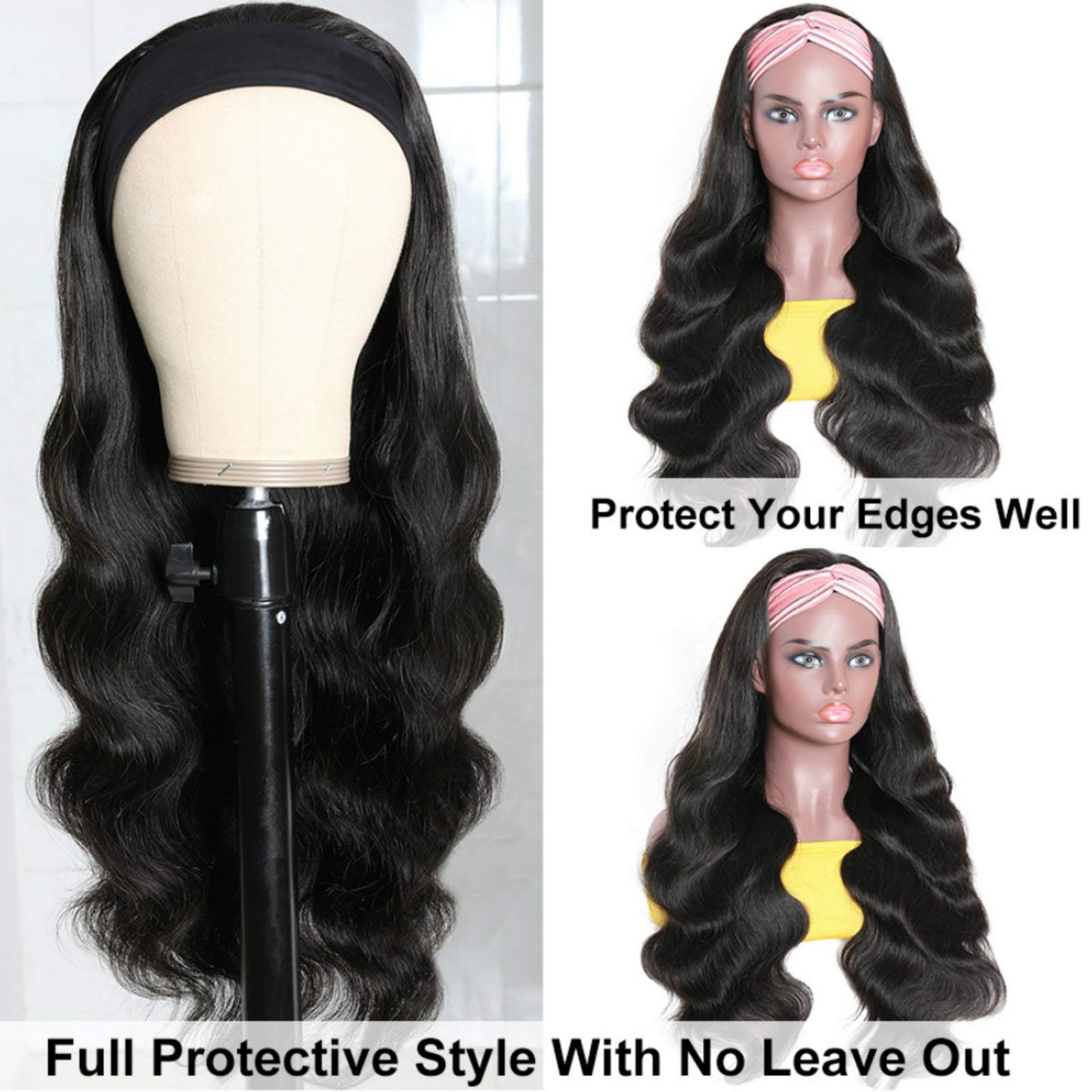 catti Headband Wig Human Hair Body Wave Headband Wigs for Black Women Brazilian Virgin Hair Glueless None Lace Front Half Wigs Human Hair Wear and Go Headband Wigs 180 density (18" Headband wigs)