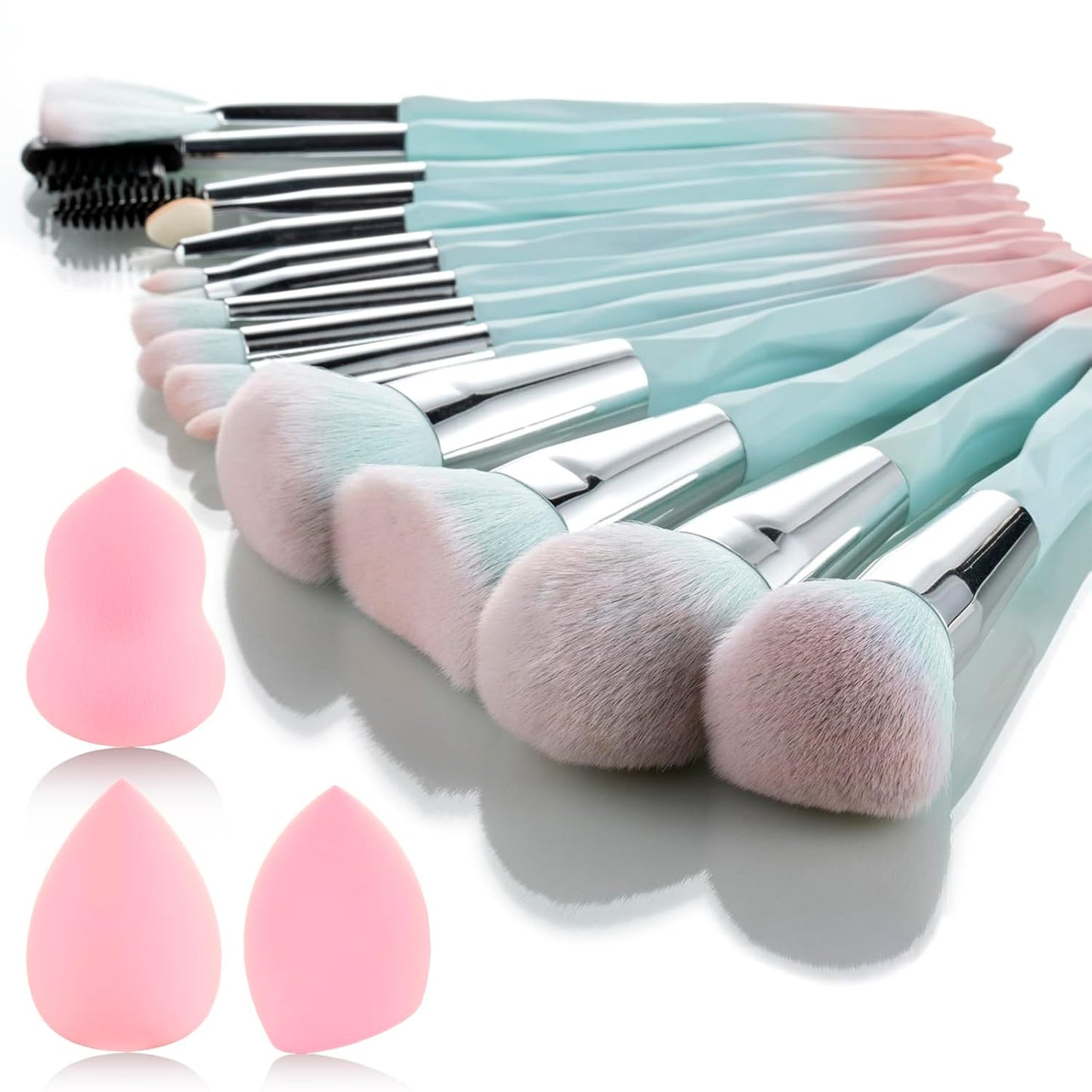 Pink Blue Gradient Makeup Brushes Set - 18 Soft Synthetic Fiber Brushes & Sponges for Beginners | Perfect Gift for Valentine's Day & Christmas