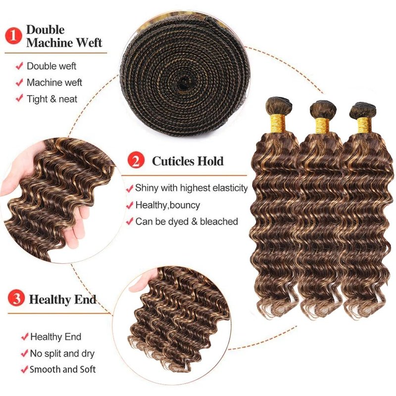 Biliisyff P4/27 Highlight Blonde Human Hair Bundles Ombre Brown Deep Wave 8 10 12 Inch Brazilian Virgin Remy Hair Extensions Two Tone Brown Mixed with Honey Blonde Soft and Silky