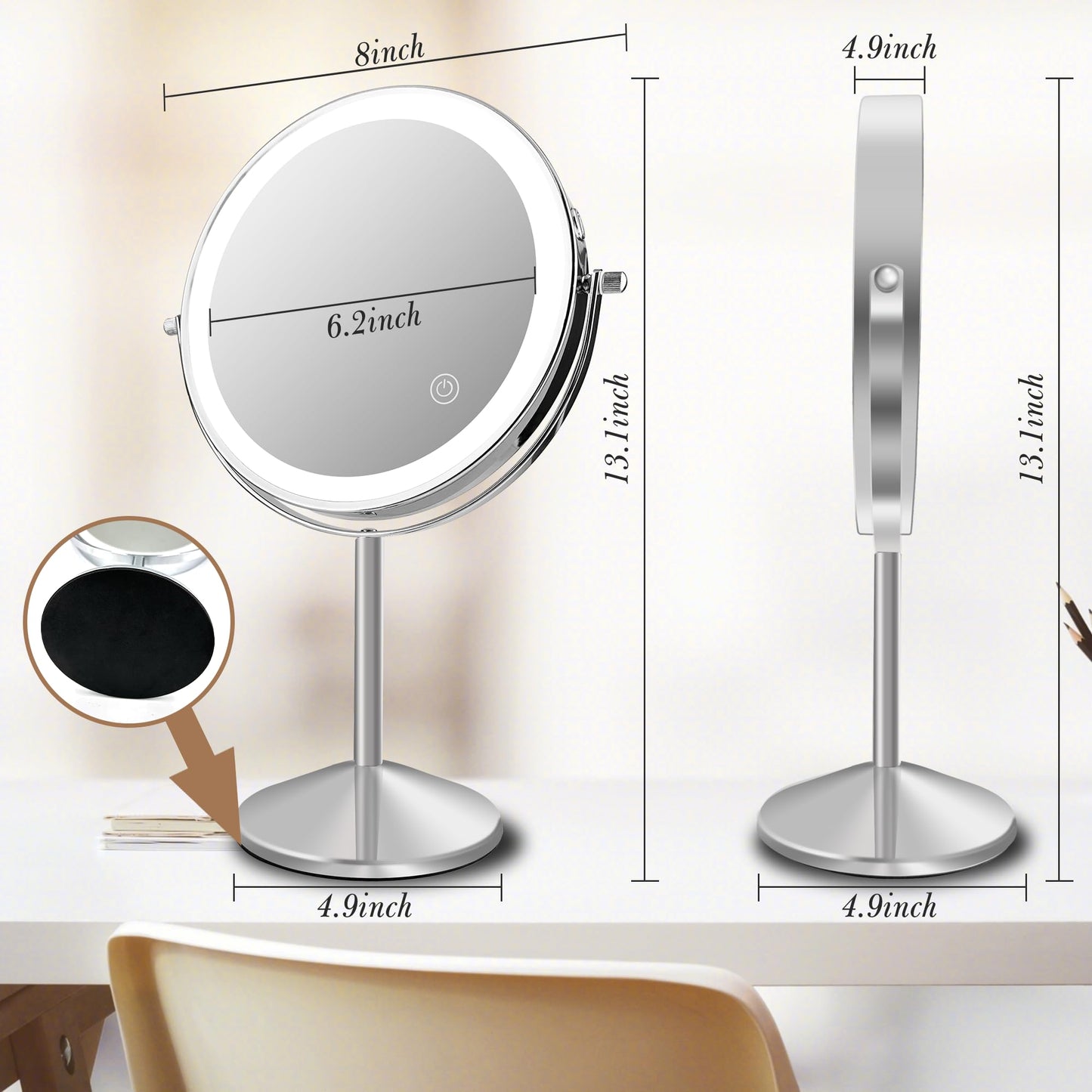 Ysenchan Lighted Makeup Mirror, 8'' Rechargable LED Vanity Magnifying Mirror, Double Sided 5X Manification Mirror with Stand, Cosmetic Standing Desk