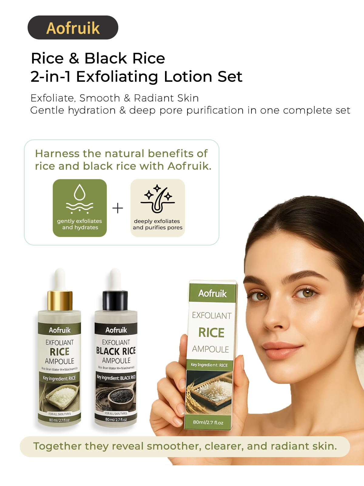 Aofruik Rice Exfoliating Ampoule Set, Black & White Rice Peeling Ampoule, Exfoliating Face and Body Scrub Dead Skin Cells, Blackheads Remover for All Skin Types (Rice)