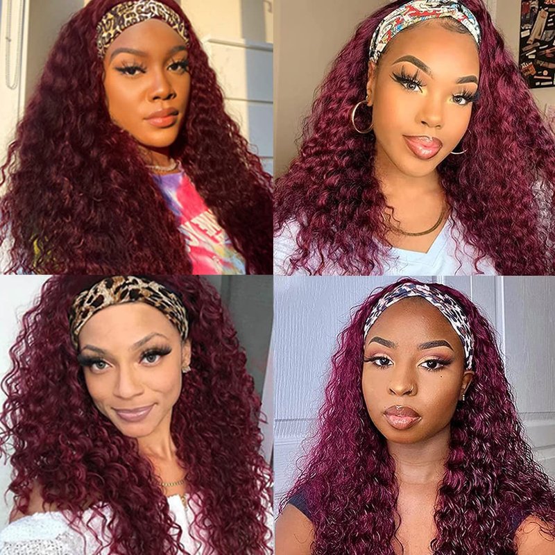 Celiarita #99J Burgundy Headband Wig Human Hair Deep Wave Wigs for Black Women 150% Density None Lace Front Machine Made Brazilian Virgin Red Wine Deep Wave Headband Wig Human Hair 14 Inch