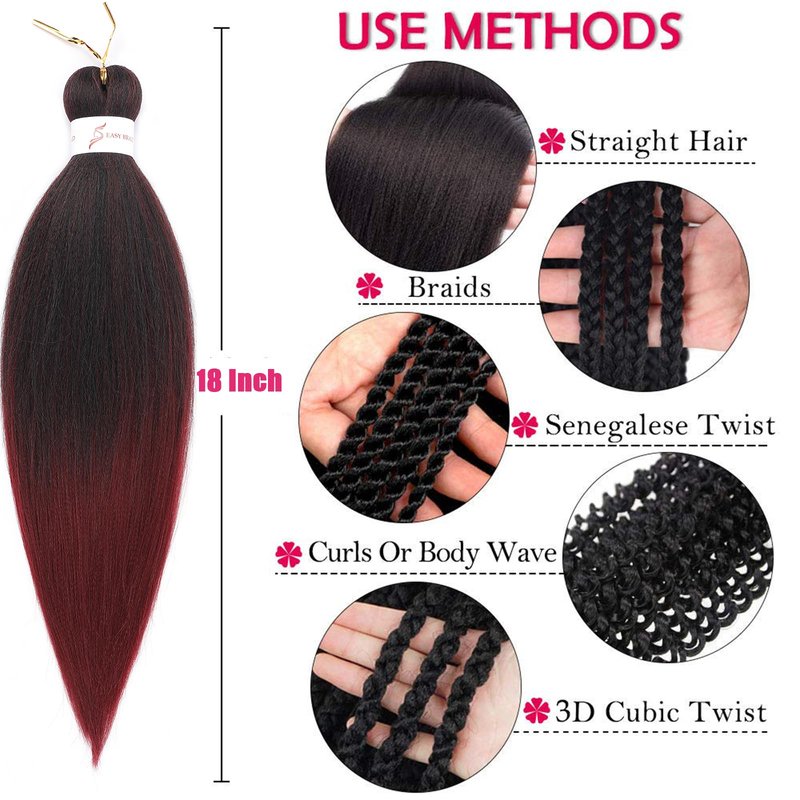 Ombre Burgundy Braiding Hair Pre stretched 8 Packs 18 Inch Kanekalon Yaki Texture Pre stretched Hair For Braiding Professional Synthetic Hair Extension Itch Free Hot Water Setting(18", T1B/900#)