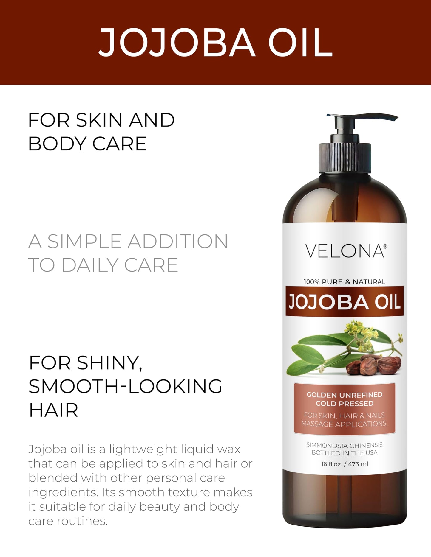 velona Jojoba Oil - 32 fl oz (With Pump) | 100% Pure and Natural | Golden, Unrefined, Cold Pressed, Hexane Free | Moisturizing Face, Hair, Body, Skin Care