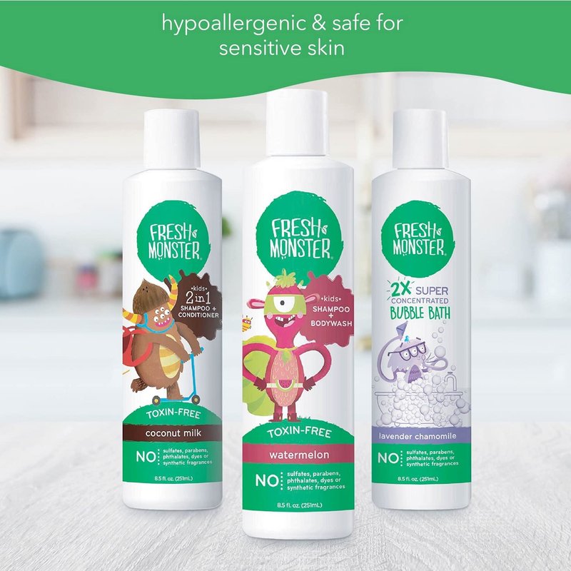 Fresh Monster Kids and Baby Bath Gift Set: Coloring Box, Natural Shampoo & Conditioner, Body Wash, and Bubble Bath (8.5 oz Each)