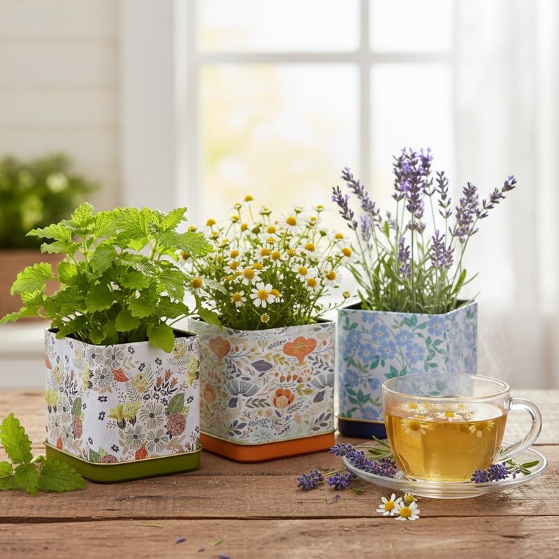 BUZZY Seeds Herbal Tea Garden Grow Kit – 3 Square Tin Planters with Lavender, Chamomile & Lemon Balm Seeds, Easy Indoor Herb Starter, Relaxing Gardening Gift Set